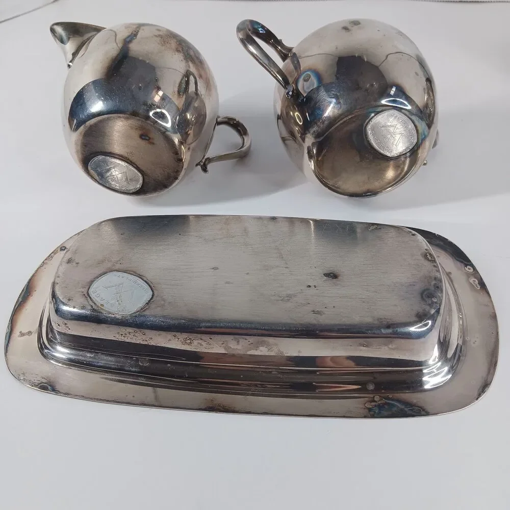 Wallace Silverplate Lot Creamer Sugar Bowl Butter Tray Dish With Glass Insert